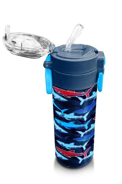 Coral High Kids Lacivert Kırmızı Köpek Balığı Desenli Pipetli ve Direkt İçim Çelik Termos 500 ml 31930 - 5