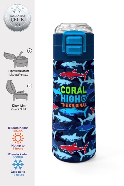 Coral High Kids Lacivert Kırmızı Köpek Balığı Desenli Pipetli ve Direkt İçim Çelik Termos 500 ml 31930 - 1