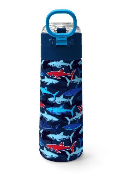 Coral High Kids Lacivert Kırmızı Köpek Balığı Desenli Pipetli ve Direkt İçim Çelik Termos 500 ml 31930 - 4