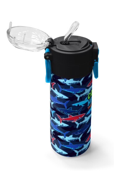 Coral High Kids Lacivert Kırmızı Köpek Balığı Desenli Pipetli ve Direkt İçim Çelik Termos 500 ml 31930 - 5