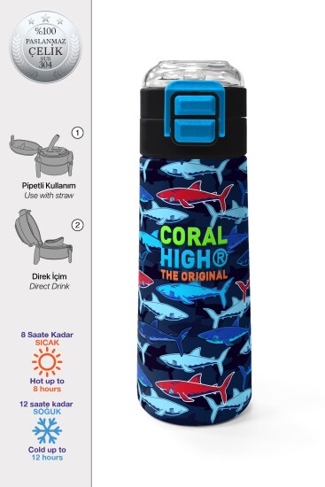 Coral High Kids Lacivert Kırmızı Köpek Balığı Desenli Pipetli ve Direkt İçim Çelik Termos 500 ml 31930 