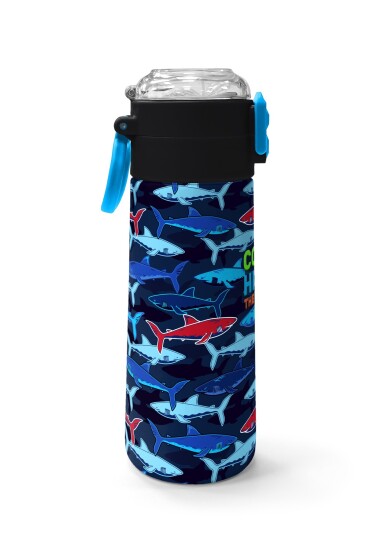 Coral High Kids Lacivert Kırmızı Köpek Balığı Desenli Pipetli ve Direkt İçim Çelik Termos 500 ml 31930 - 2