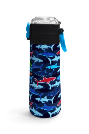 Coral High Kids Lacivert Kırmızı Köpek Balığı Desenli Pipetli ve Direkt İçim Çelik Termos 500 ml 31930 - 3