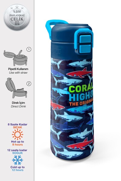 Coral High Kids Lacivert Kırmızı Köpek Balığı Desenli Pipetli ve Direkt İçim Çelik Termos 500 ml 31930 - 1