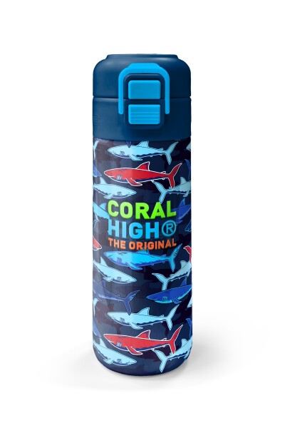 Coral High Kids Lacivert Kırmızı Köpek Balığı Desenli Pipetli ve Direkt İçim Çelik Termos 500 ml 31930 - 4