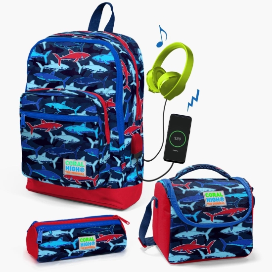 Coral High Kids Lacivert Kırmızı Köpek Balığı Desenli USB'li 3’lü Okul Çanta Seti SET0123818 - 1
