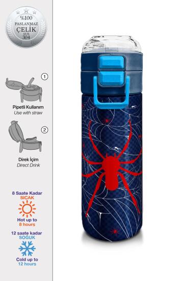Coral High Kids Lacivert Kırmızı Örümcek Desenli Pipetli ve Direkt İçim Çelik Termos 500 ml 31931 - Coral High KIDS