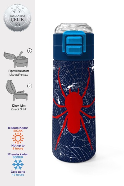 Coral High Kids Lacivert Kırmızı Örümcek Desenli Pipetli ve Direkt İçim Çelik Termos 500 ml 31931 - 1
