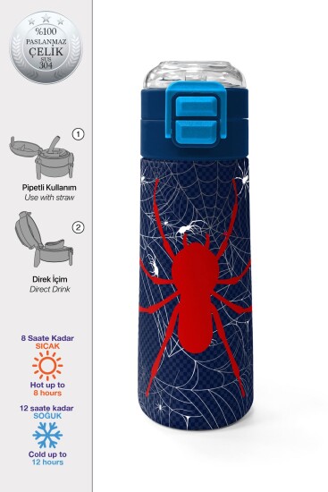 Coral High Kids Lacivert Kırmızı Örümcek Desenli Pipetli ve Direkt İçim Çelik Termos 500 ml 31931 - Coral High KIDS