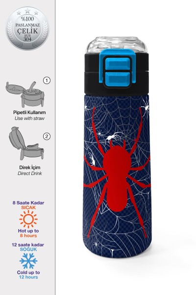 Coral High Kids Lacivert Kırmızı Örümcek Desenli Pipetli ve Direkt İçim Çelik Termos 500 ml 31931 - 1