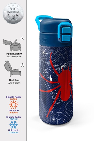 Coral High Kids Lacivert Kırmızı Örümcek Desenli Pipetli ve Direkt İçim Çelik Termos 500 ml 31931 - 1