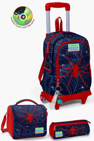 Coral High Kids Lacivert Kırmızı Örümcek Desenli Üç Bölmeli Çekçekli 3'lü Çanta Seti SET0123920 - Coral High KIDS