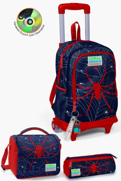 Coral High Kids Lacivert Kırmızı Örümcek Desenli Üç Bölmeli Çekçekli 3'lü Çanta Seti SET0123920 - 1