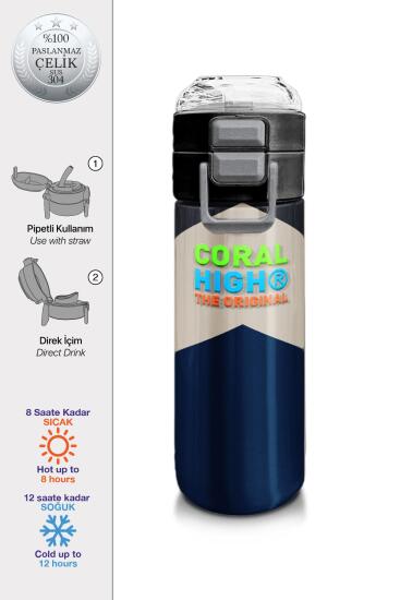Coral High Kids Lacivert Koyu Gri Bej Desenli Pipetli ve Direkt İçim Çelik Termos 500 ml 31893 - Coral High KIDS