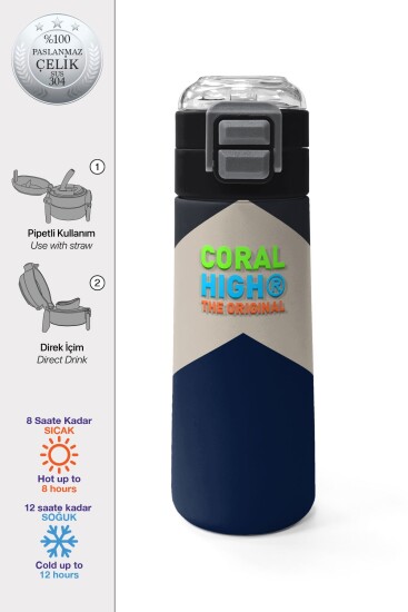 Coral High Kids Lacivert Koyu Gri Bej Desenli Pipetli ve Direkt İçim Çelik Termos 500 ml 31893 - Coral High KIDS