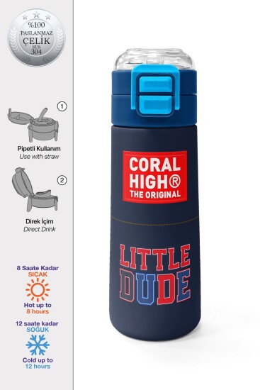 Coral High Kids Lacivert Lıttle Dude Baskılı Pipetli ve Direkt İçim Çelik Termos 500 ml 38119 - 1
