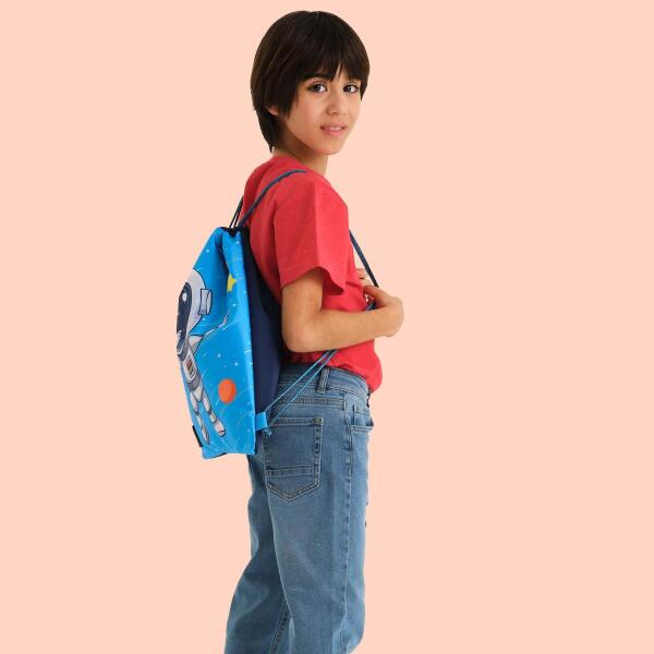 Coral High Kids Lacivert Mavi Astronot Desenli İpli Büzgülü Sırt Çantası 22690 - 4