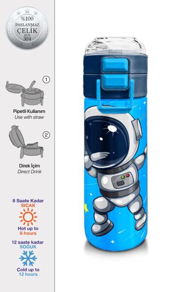 Coral High Kids Lacivert Mavi Astronot Desenli Pipetli ve Direkt İçim Çelik Termos 500 ml 31804 - 1