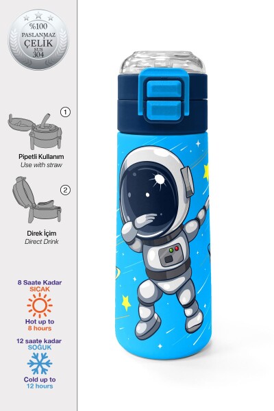 Coral High Kids Lacivert Mavi Astronot Desenli Pipetli ve Direkt İçim Çelik Termos 500 ml 31804 - 1