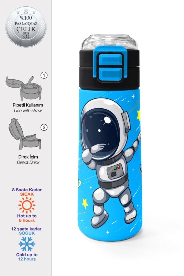 Coral High Kids Lacivert Mavi Astronot Desenli Pipetli ve Direkt İçim Çelik Termos 500 ml 31804 