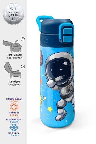 Coral High Kids Lacivert Mavi Astronot Desenli Pipetli ve Direkt İçim Çelik Termos 500 ml 31804 