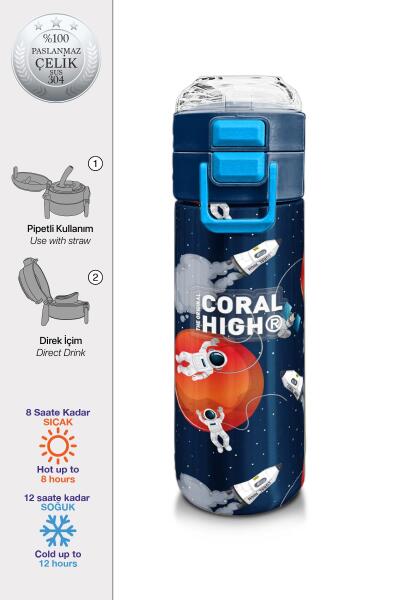 Coral High Kids Lacivert Mavi Astronot Desenli Pipetli ve Direkt İçim Çelik Termos 500 ml 31999 - 1