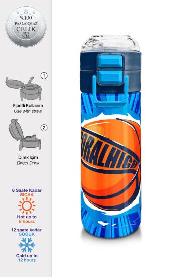 Coral High Kids Lacivert Mavi Basketbol Desenli Pipetli ve Direkt İçim Çelik Termos 500 ml 31833 - Coral High KIDS