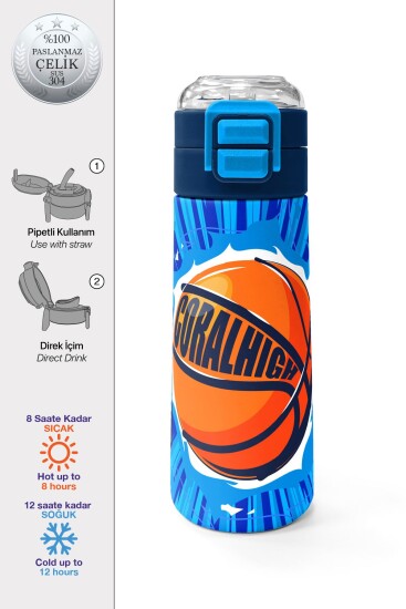 Coral High Kids Lacivert Mavi Basketbol Desenli Pipetli ve Direkt İçim Çelik Termos 500 ml 31833 - Coral High KIDS