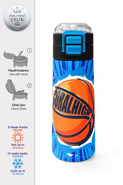 Coral High Kids Lacivert Mavi Basketbol Desenli Pipetli ve Direkt İçim Çelik Termos 500 ml 31833 - 1