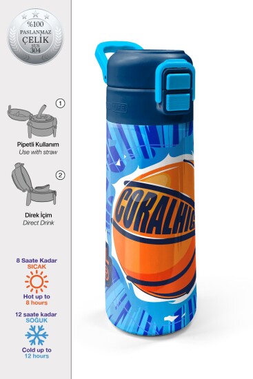Coral High Kids Lacivert Mavi Basketbol Desenli Pipetli ve Direkt İçim Çelik Termos 500 ml 31833 