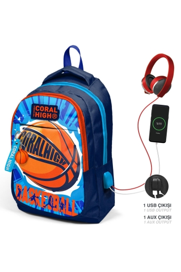 Coral High Kids Lacivert Mavi Basketbol Top Desenli Üç Bölmeli USB'li Okul Sırt Çantası 24318 - Coral High KIDS
