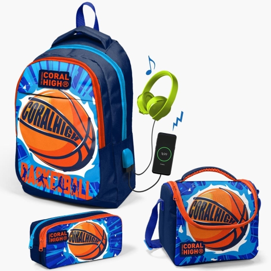 Coral High Kids Lacivert Mavi Basketbol Top Desenli Usb'li 3’lü Okul Çanta Seti SET0124318 - 1