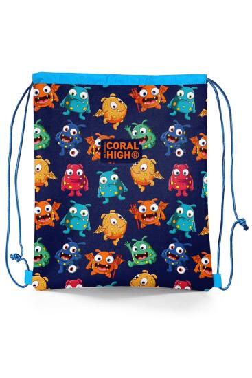 Coral High Kids Lacivert Mavi Canavar Desenli İpli Büzgülü Sırt Çantası 22680 - 1