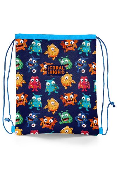 Coral High Kids Lacivert Mavi Canavar Desenli İpli Büzgülü Sırt Çantası 22680 - 1