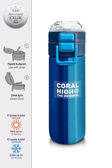 Coral High Kids Lacivert Mavi Çizgili Pipetli ve Direkt İçim Çelik Termos 500 ml 31997 - Coral High KIDS