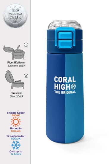 Coral High Kids Lacivert Mavi Çizgili Pipetli ve Direkt İçim Çelik Termos 500 ml 31997 - Coral High KIDS