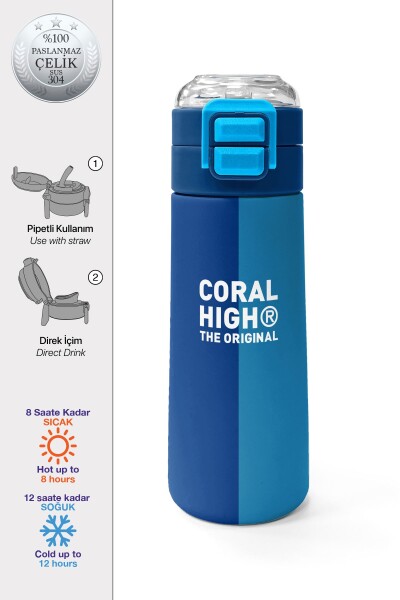 Coral High Kids Lacivert Mavi Çizgili Pipetli ve Direkt İçim Çelik Termos 500 ml 31997 - 1