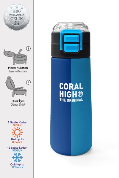 Coral High Kids Lacivert Mavi Çizgili Pipetli ve Direkt İçim Çelik Termos 500 ml 31997 - 1