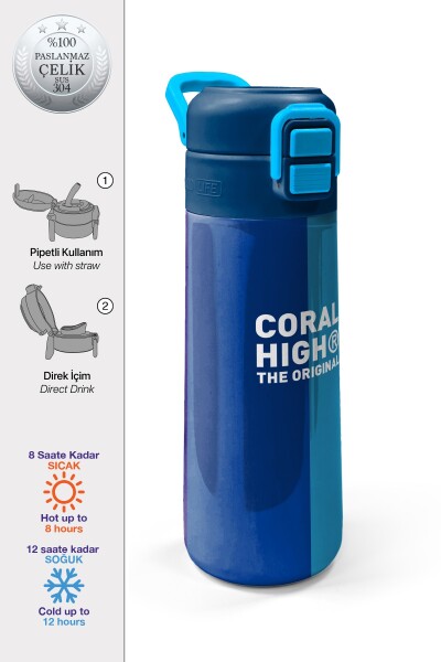 Coral High Kids Lacivert Mavi Çizgili Pipetli ve Direkt İçim Çelik Termos 500 ml 31997 - 1