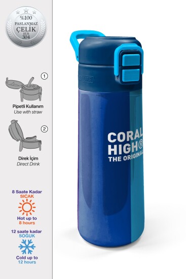 Coral High Kids Lacivert Mavi Çizgili Pipetli ve Direkt İçim Çelik Termos 500 ml 31997 
