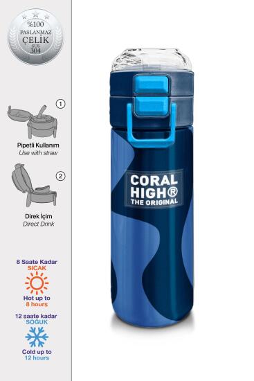 Coral High Kids Lacivert Mavi Desenli Pipetli ve Direkt İçim Çelik Termos 500 ml 31888 - Coral High KIDS