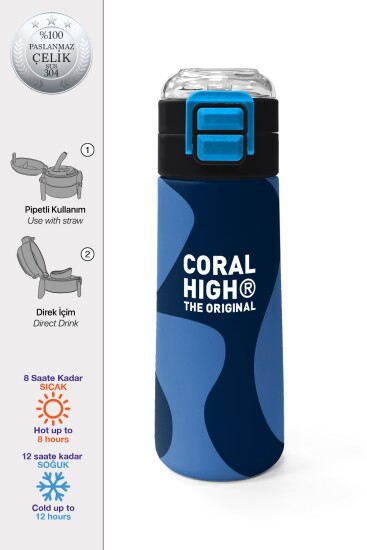 Coral High Kids Lacivert Mavi Desenli Pipetli ve Direkt İçim Çelik Termos 500 ml 31888 