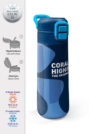 Coral High Kids Lacivert Mavi Desenli Pipetli ve Direkt İçim Çelik Termos 500 ml 31888 