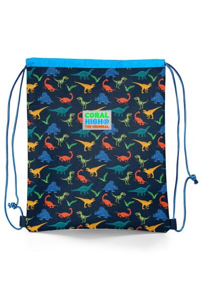 Coral High Kids Lacivert Mavi Dinozor Desenli İpli Büzgülü Sırt Çantası 22452 - 1