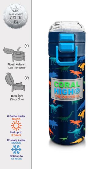 Coral High Kids Lacivert Mavi Dinozor Desenli Pipetli ve Direkt İçim Çelik Termos 500 ml 31907 - Coral High KIDS