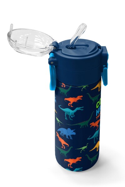 Coral High Kids Lacivert Mavi Dinozor Desenli Pipetli ve Direkt İçim Çelik Termos 500 ml 31907 - 5