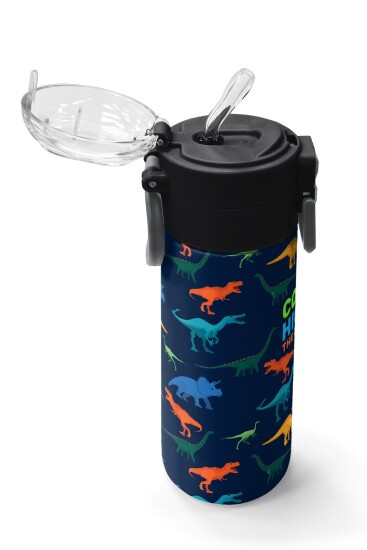 Coral High Kids Lacivert Mavi Dinozor Desenli Pipetli ve Direkt İçim Çelik Termos 500 ml 31907 - 5