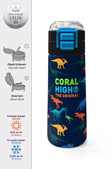 Coral High Kids Lacivert Mavi Dinozor Desenli Pipetli ve Direkt İçim Çelik Termos 500 ml 31907 