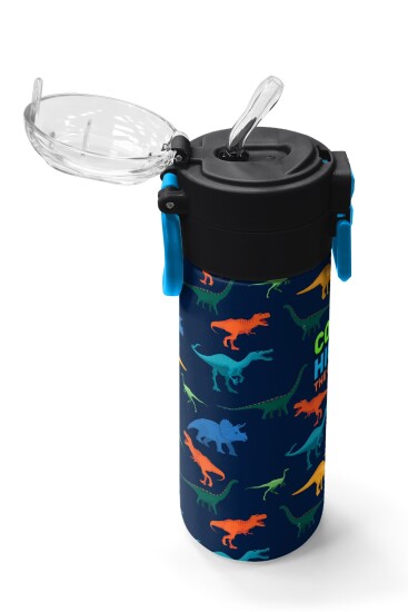 Coral High Kids Lacivert Mavi Dinozor Desenli Pipetli ve Direkt İçim Çelik Termos 500 ml 31907 - 5