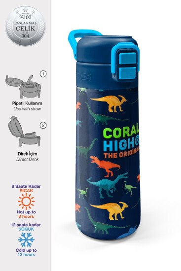 Coral High Kids Lacivert Mavi Dinozor Desenli Pipetli ve Direkt İçim Çelik Termos 500 ml 31907 
